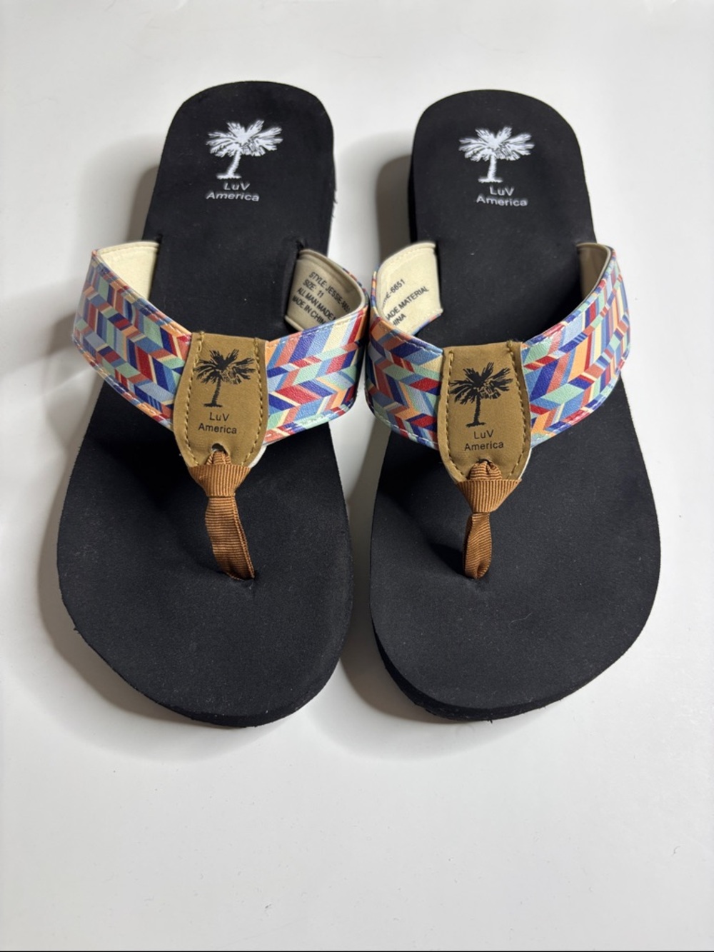 Luv America size 11 Black Sandal Flip Flops with Multicolor Straps
